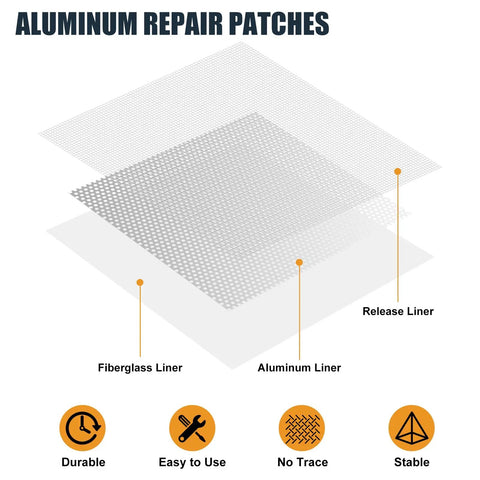 Diagram of aluminum repair patches with fiberglass liner and release liner for 8 Pack Drywall Repair Kit For Large Holes With Six To Eight And Twelve Inch Patch Sets Self Adhesive Mesh Scraper And Sandpaper Heavy Duty Wall And Ceiling Repair Made Easy For Quick Patch Up And A Slick Finish.