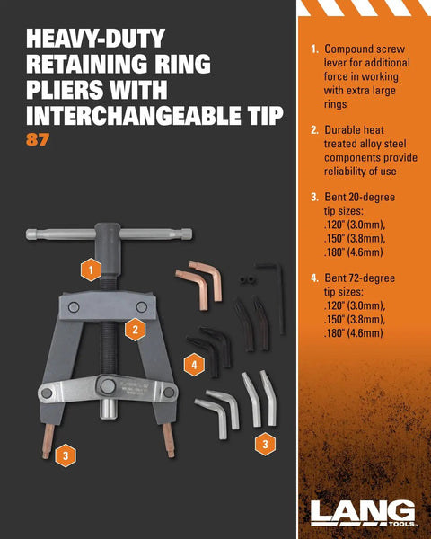 Image of Workhorse Heavy Duty Pliers With Tip Kit 87 for extra-large retaining rings, shown with interchangeable tip sizes and compact screw lever.