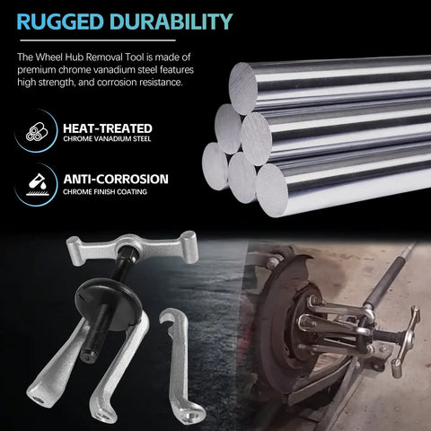 Heavy Duty Universal Hub Puller Boasting Hella Tough Adjustable Sliding Arms For No Sweat Wheel Hub Extraction And Smooth Brake Drum Removal On Any Daily Driver, showing chrome vanadium steel tool and gripping arms.