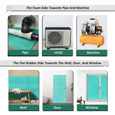 High Density Rubber Backed Thick Soundproof Foam Roll Tackle Any Racket With Dual Layer Vibration Dampening Acoustic Wrap For Hvac Pipes And Window Doors, shown applied to HVAC, pipe, wall, door, and window.