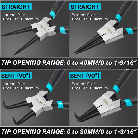 All In One Snap Ring Pliers Set, 7 Inch Internal External Circlip Pliers With Straight And 90 Degree Bent Tips, close-up view.