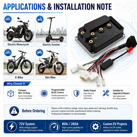 The Full Send 72V Programmable Bldc Motor Controller For Electric Bikes Scooters And Dirt Cycles showcases applications on electric vehicles.