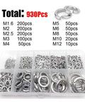 Heavy Duty Stainless Steel Spring Split Lock Washer Set 930 Pcs Assortment Kit M1.6 to M12 with Pro Grade Box for Durable Fastening and Elastic Gasket Organization, organized compartments