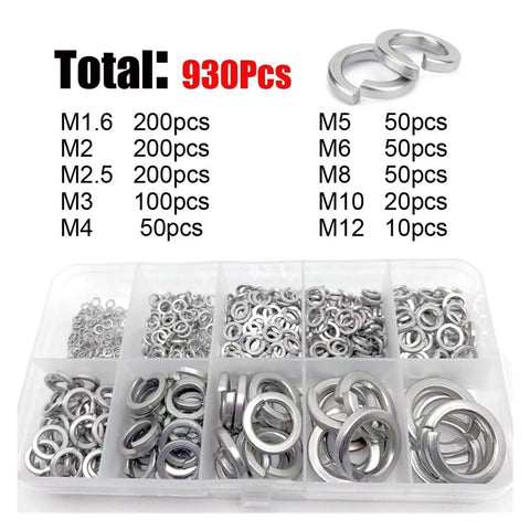 Heavy Duty Stainless Steel Spring Split Lock Washer Set 930 Pcs Assortment Kit M1.6 to M12 with Pro Grade Box for Durable Fastening and Elastic Gasket Organization, organized compartments