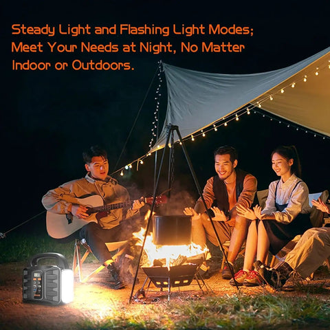 Go To Portable 150W Power Station With 155Wh Battery and campers by campfire at night with tent