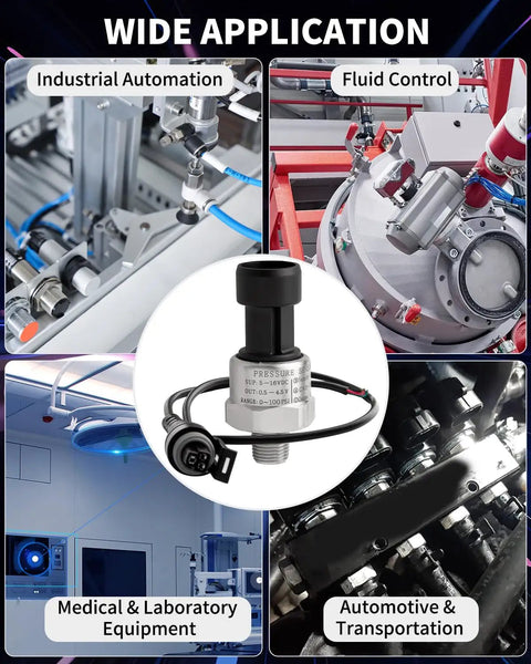 Collage of 0 To 100 Psi Fuel Oil Pressure Sensor Transducer applications in industry, fluid control, medicine, and automotive systems.