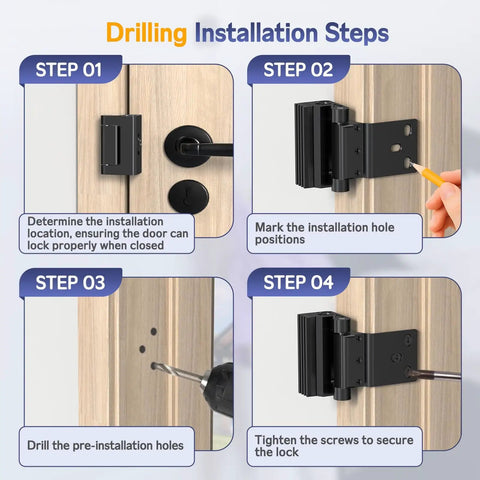 Installation steps for Built Tough Heavy Duty Door Reinforcement Lock For Inward Swinging Doors Screw Mounted Safety Latch
