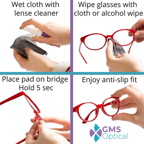 Step-by-step guide for applying Screw In Silicone Nose Pads For Glasses And Sunglasses, highlighting cleaning and placement instructions.