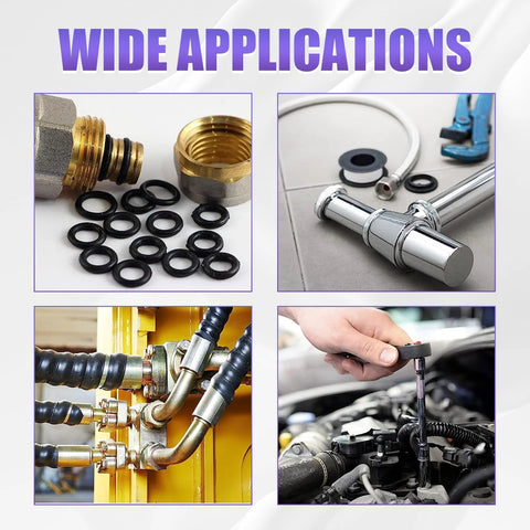 O-ring kit povtii, 300-piece, 18 sizes, nitrile rubber automotive gaskets and seals; four-panel collage