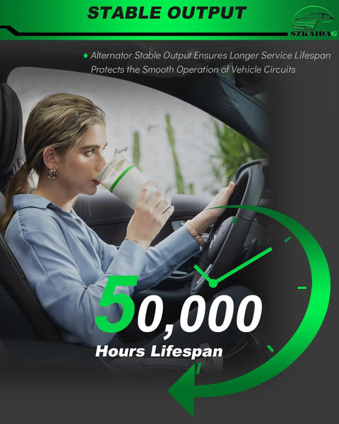 Woman sitting in car, drinking from cup, Stable Output text, clock icon showing 50,000 hours lifespan