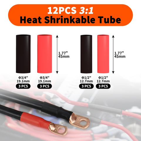 Heavy Duty Battery Cable Crimp Tool Kit Go To Eight To One Aught AWG Cables With Twelve Copper Lugs Three Eighths Inch Size Three To One Heat Shrink Tubing Ideal For RV Marine And DIY Wiring Projects showing heat shrink tubes and copper lugs.