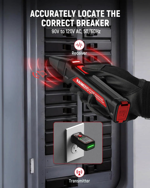 Plug And Play Circuit Breaker Finder Kit With Non Contact Voltage Tester identifying circuit breaker using a receiver in a panel.