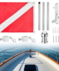 4 Ft Pro Grade Stainless Dive Flag Pole Kit With 1 Inch Tangle Free Pole, 360 Degree Rings, Adjustable 180 Degree Bracket, Includes Regulation Dive Flag For Scuba, Spearfishing, And Freediving, shown on a boat deck.