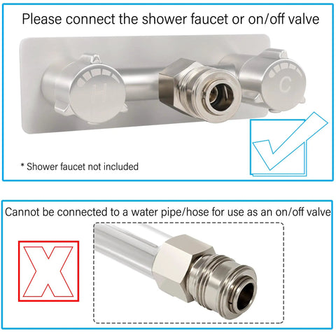 Diagram showing RV Exterior Quick Connect Hose Fitting with adapters. Correct faucet setup indicated with check mark.