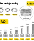 Mega M2 Hex Socket Head Cap Screw Set 1260 Pieces Stainless Steel 304 Includes M2 Bolts In 4mm 6mm 8mm 10mm 12mm 16mm 20mm Hex Nuts