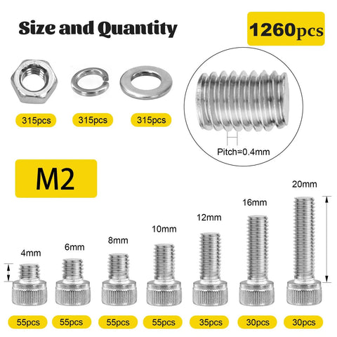 Mega M2 Hex Socket Head Cap Screw Set 1260 Pieces Stainless Steel 304 Includes M2 Bolts In 4mm 6mm 8mm 10mm 12mm 16mm 20mm Hex Nuts