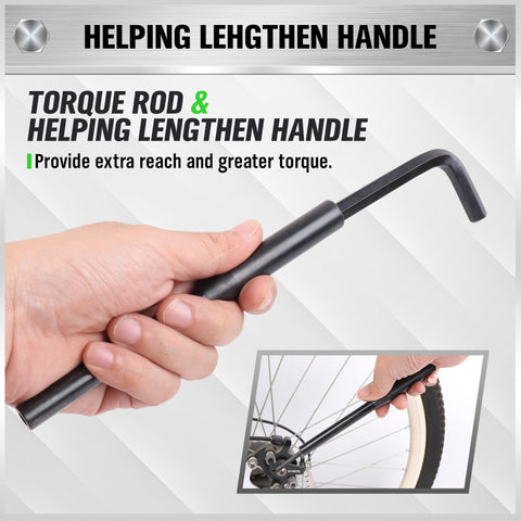 Hands holding a torque rod extension from 32 Piece Hex Key Set With SAE And Metric Allen Wrenches, L Shaped Hex Keys, Chrome Vanadium Steel.