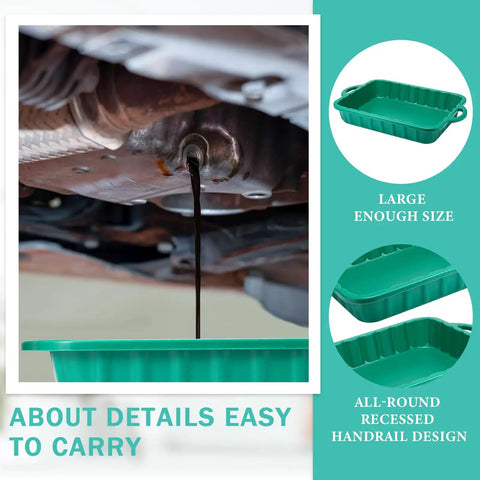 Two-Pack 19.7x15.4x4 Inch Oil Drain Pans, Green 2-Gallon Auto Catch Trays in use under car for oil change