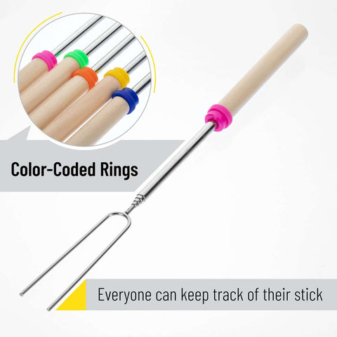 Telescoping Stainless Steel Roasting Sticks 32 Inch 5 Pack Marshmallow Skewers With Wood Handles and color-coded rings