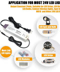 LED Light Strip Power Supply Kit 50W Dimmable Driver 110V AC To 24V DC Transformer with images of LED modules, strips, and bulbs.