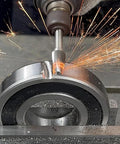 Installed KangTeer carbide burr bit in die grinder, 9/16 in head, 1/4 in shank, tree-shaped tungsten carbide.