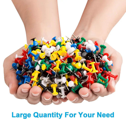 Top Shelf Bulk Push Pins For Bulletin Boards And Cork Walls, Sharp Steel Thumb Tacks With Easy Grip Heads, Multicolor office choice piled in hands.
