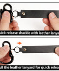 Beefy Quick Release Shackle Clip for SCBA Mask with leather lanyard in use, showing quick-release mechanism in action.