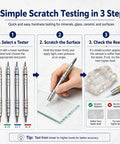 Premium Mohs Hardness Test Kit 2 to 9 Scale With 4 Testing Pencils And Glass Plate For Rock Hounds Gem Nerds And Geology Buffs Lab Grade Precision Quick Mineral ID And Accurate Hardness Readings, 3-step scratch test chart with pencils on glass plate