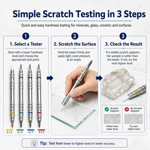 Premium Mohs Hardness Test Kit 2 to 9 Scale With 4 Testing Pencils And Glass Plate For Rock Hounds Gem Nerds And Geology Buffs Lab Grade Precision Quick Mineral ID And Accurate Hardness Readings, 3-step scratch test chart with pencils on glass plate