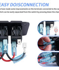 Rocker Switch Panel 12V Marine Waterproof Toggle Switch With Blue LED, terminal connectivity close-up, pre-wired 3-gang