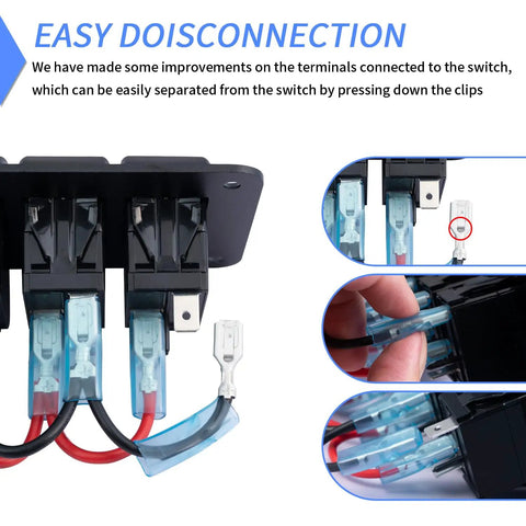 Rocker Switch Panel 12V Marine Waterproof Toggle Switch With Blue LED, terminal connectivity close-up, pre-wired 3-gang