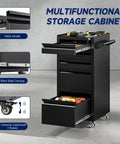 On Wheels 5-Drawer Metal Tool Cabinet Rolling Chest With Locking Keys Heavy Duty Tool Storage Organizer For Garage Shop Warehouse Workshop Durable Steel Construction And Easy Mobility, black steel cabinet with open drawers