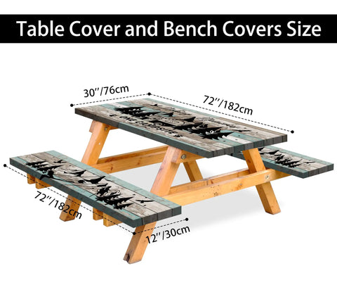 Outdoor Picnic Table Cover With Elastic Edges And Bench Covers, Waterproof Fitted Tablecloth In Teal Wood Texture, 72 By 30 Inches Rectangle, Ideal For RV Trips Camping Picnics And Travel displayed on table and benches.