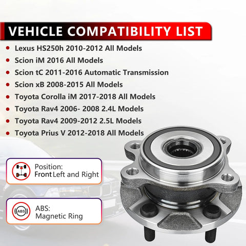 Front Wheel Bearing And Hub Assembly Two Pack Direct Fit For HS250h Scion iM tC Corolla iM Prius V 2010 2018 Replacement Kit