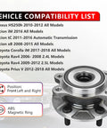 Front Wheel Bearing And Hub Assembly With ABS For Lexus HS250h 2010 2012 Scion iM 2016 Scion tC 2011 2016 Toyota Corolla iM 2017 2018 Prius V 2012 2018 Premium Replacement Wheel Hub Kit For Smooth Quiet Rides, includes compatibility list and product position details.
