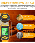Dual Mode Infrared Temperature Gun With Non Contact IR And K Type Probe, emissivity settings highlighted, fireplace background