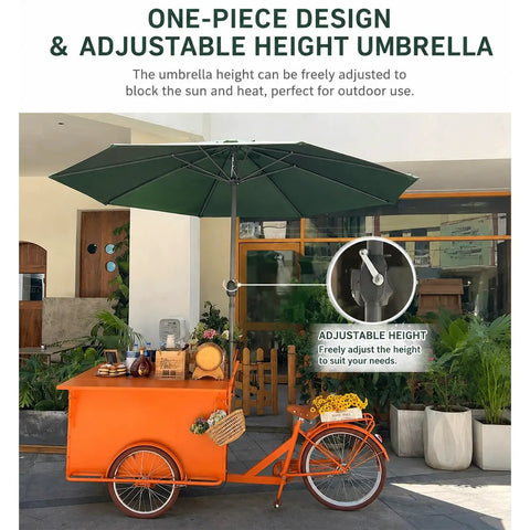 Kickstart Your Curbside Hustle With This Heavy Duty Outdoor Coffee Cart Featuring A Wide Canopy Sun Shade And Smooth Rolling Wheels For Mobile Vending Or Pop Up Market Sales, highlighting adjustable height umbrella.