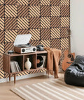 Teak Acoustic Wall Panels 16 Pack 12x12 Inch Sound Dampening Home Office Setup Ditch The Echo Crush Street Noise NRC 0.95 on a decorative wall.