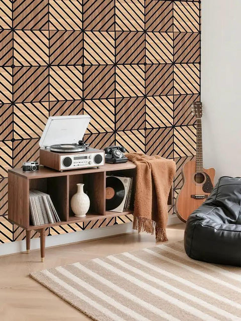 Teak Acoustic Wall Panels 16 Pack 12x12 Inch Sound Dampening Home Office Setup Ditch The Echo Crush Street Noise NRC 0.95 on a decorative wall.