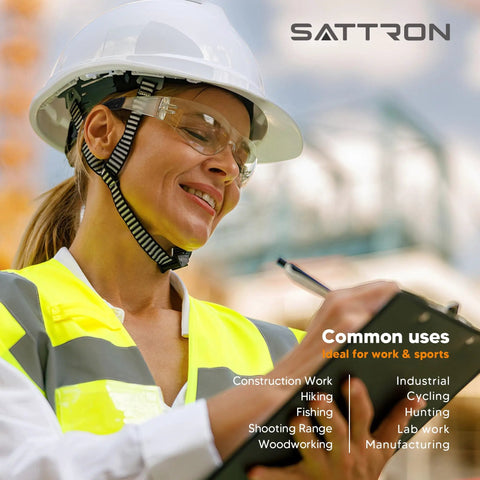 Woman wearing Clear Safety Glasses 24 Pack With Polycarbonate Lenses ANSI Z87.1 Anti-Scratch And Impact Resistant Eyewear at construction site