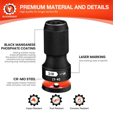 Quick Release Impact Bit Holder Three Eighths Inch Square Drive To One Quarter Inch Hex Socket Adapter with CR MO Steel Red Finish