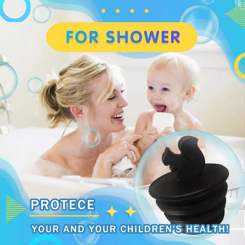 Mother and child with Two Pack Black Silicone Tub Stopper Shaped Like A Squirrel For Bathtub Shower And Kitchen Sink Drains