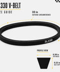 3/8 Inch By 33 Inch V Belt Replacement For Light Duty Power Transmission And Lawn Mower Drives 115-4669 Compatible FHP Wrapped Belt 1 Pack Fits Most Small Engine And Garden Tool Belt Drive Systems. 3L330 belt size guide and profile view