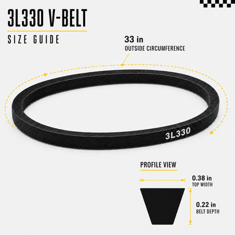 3/8 Inch By 33 Inch V Belt Replacement For Light Duty Power Transmission And Lawn Mower Drives 115-4669 Compatible FHP Wrapped Belt 1 Pack Fits Most Small Engine And Garden Tool Belt Drive Systems. 3L330 belt size guide and profile view