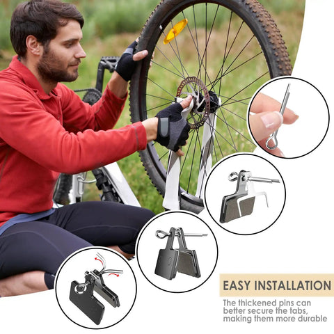 Man installing 4 Pairs Disc Brake Pads Set For TRP Tektro Compatible Bikes with inset of semi-metallic pads and installation details