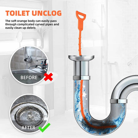 Diagram showing 3 Pack 25 Inch Hair Snake Drain Clog Remover Tools Set For Sewer Toilet Shower Kitchen Sink And Bathroom Tub in action.