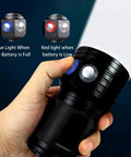 Hand holding Beast Mode Bright 18000 Lumen Diving Flashlight Waterproof To 100 Meters LED Submersible Torch with blue indicator light