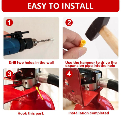 Installation steps of Badass Durability Iron Fire Extinguisher Brackets 2 Pack Wall Mount Holders, showing drilling, hammering, and assembly.