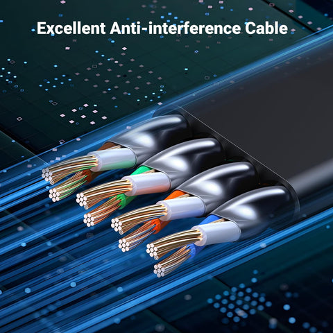 Close-up of Cat 8 Ethernet Cable 20ft Shielded Flat For Gaming PC No Lag PS5 PS4 Xbox Modem Router with exposed wiring.