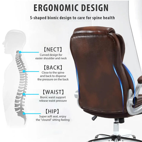 Ergonomic design of Big And Tall Leather Office Chair With Flip Up Arms High Back Executive Desk Chair On Wheels, lumbar support shown.